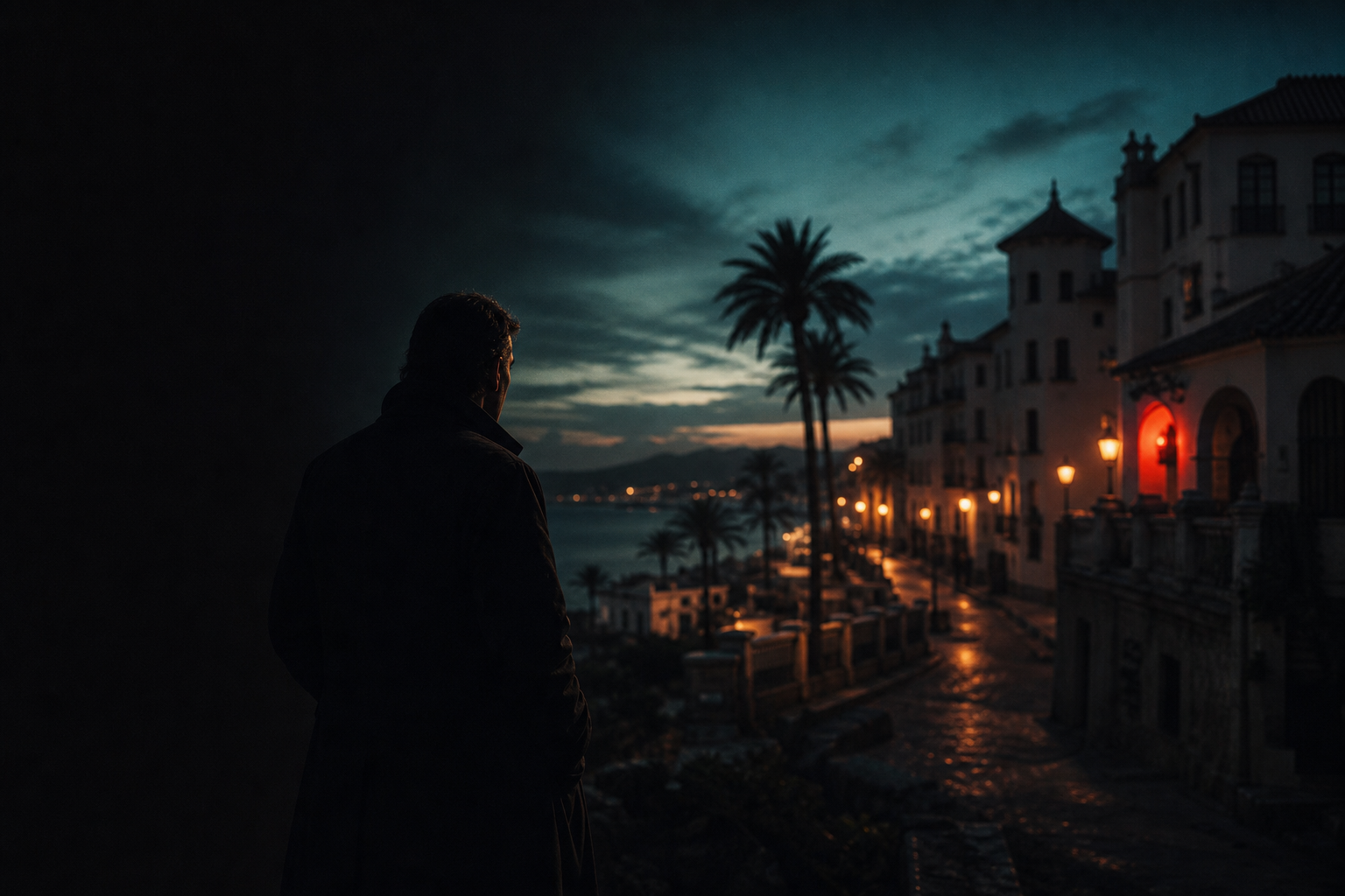 A lone private investigator observing a quiet Costa del Sol street at dusk